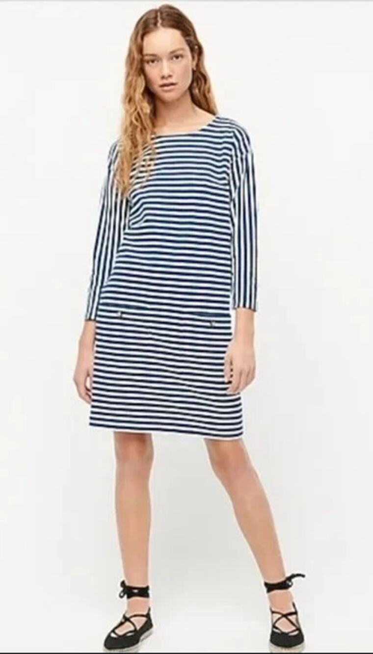 J. Crew Striped 3/4 Sleeve Knit Front-Pocket Shift Dress Blue White Womens Small